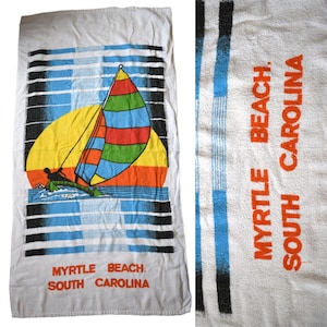 Vintage 70s Towel 80s Novelty Print Myrtle Beach South Carolina Souvenir Tourist Windsurfer Sunset Beach Blanket