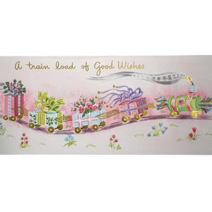 Vintage 50er Jahre Karte Neuheit Sonnenschein Karte Bunt Rosa Pastell geprägt Präsente Zug Gute Wünsche Glückwünsche Horizontal