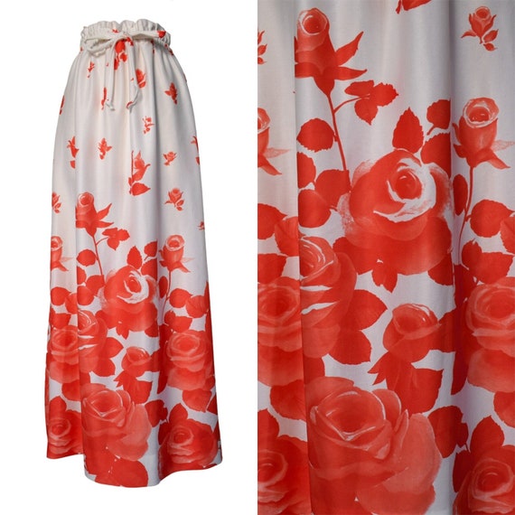 Vintage 70s Skirt  Arpeja Novelty Red Long Stem R… - image 1