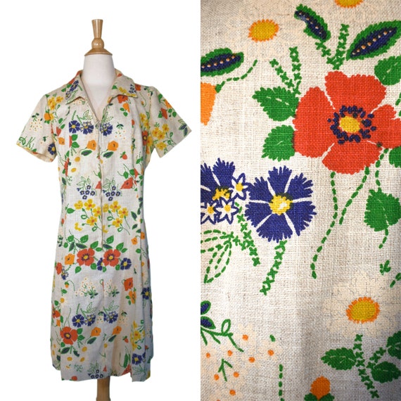Vintage 70s Dress Volup Poppy Daisy Wildflower Pr… - image 1