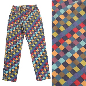 Vintage Esprit Jeans RARE Rainbow Checkerboard Checkered Pop Art Novelty 80s 90s Straight Leg Denim Pants sz 11/12 31in Waist