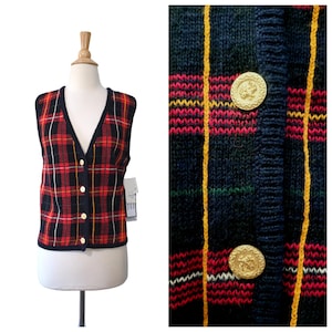 Chaleco vintage de los 80, nuevo, Sag Harbor, rojo, azul y negro, estilo preppy, a cuadros, estilo academia, con botones al frente, ideal para las fiestas.