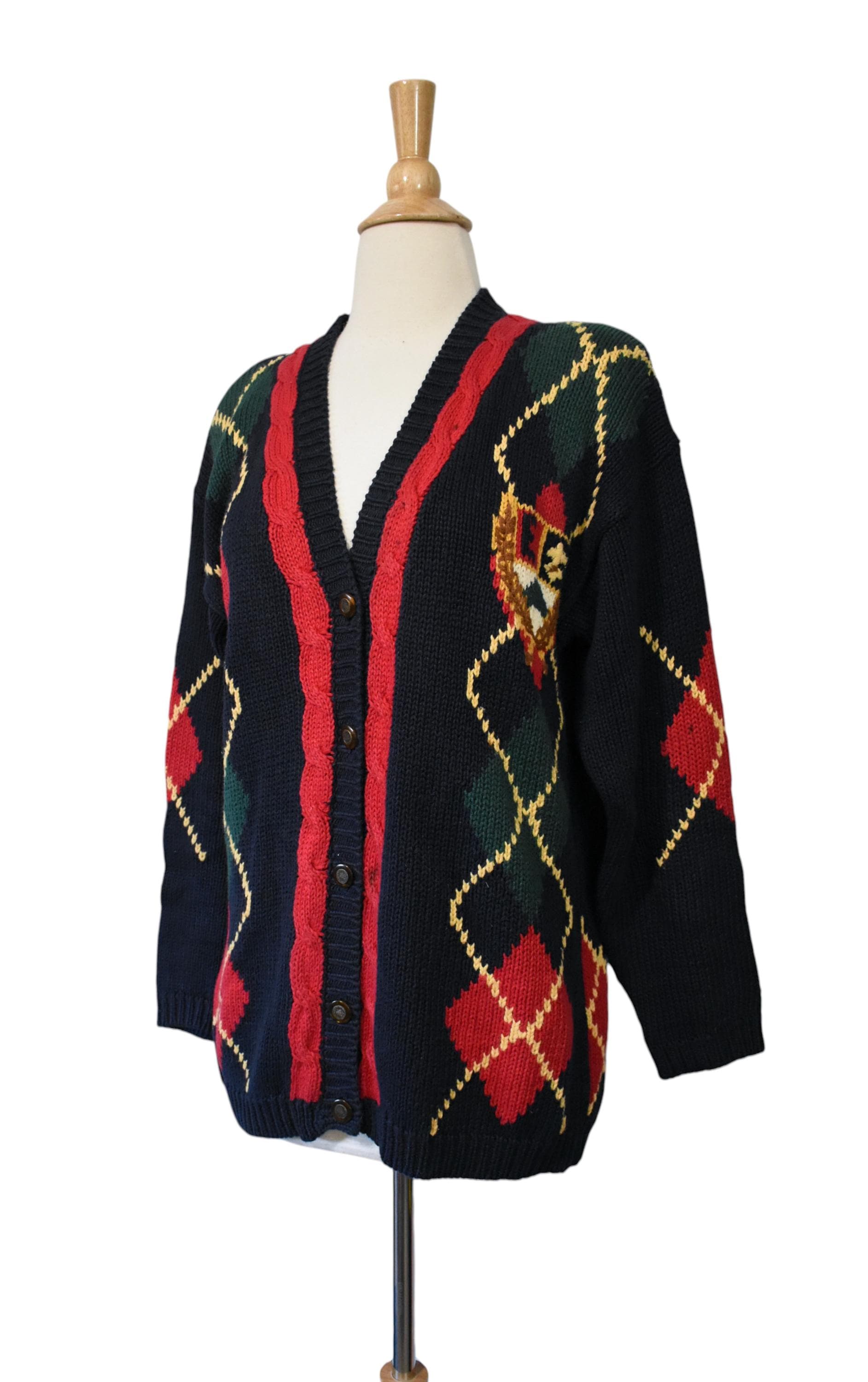 Vintage 90s Cardigan Eagles Eye Novelty Print Americana Argyle Vintage 90s Cardigan Eagles Eye Novelty Print Americana Argyle