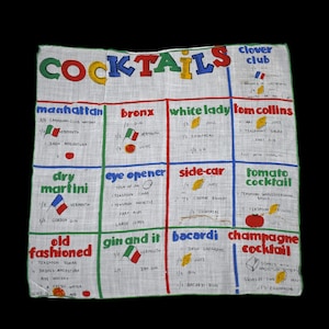 Vintage 50s Hankie Novelty Pop Art MCM Barware Cocktail Recipe Mixes Square Hourglass Neckerchief Scarf New Years Eve Celebration