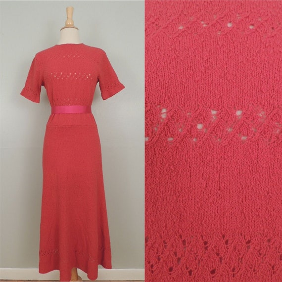 Vintage 30s Dress / 40s Coral Dusty Red Pointelle