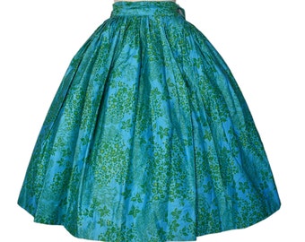 Vintage 50s Skirt Turquoise Blue Apple Green Novelty Print Cherry Blossom Garden Polished Cotton Tulle Lined Fit n Flare