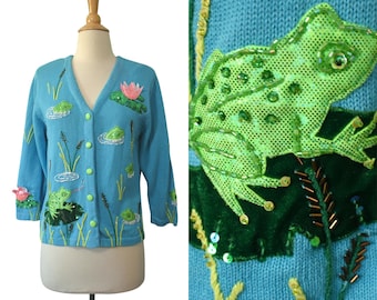 Opções de design de cardigã vintage dos anos 90 Philip Jan Gordon Beachy Floridian Novelty com miçangas em verde turquesa, sapo e flor de lótus