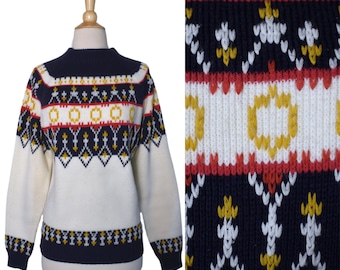 Vintage jaren 70 trui JC Penney halverwege de eeuw Academia Nordic Fair Isle donkerblauw geel rood dikke ski snowboard wintertrui
