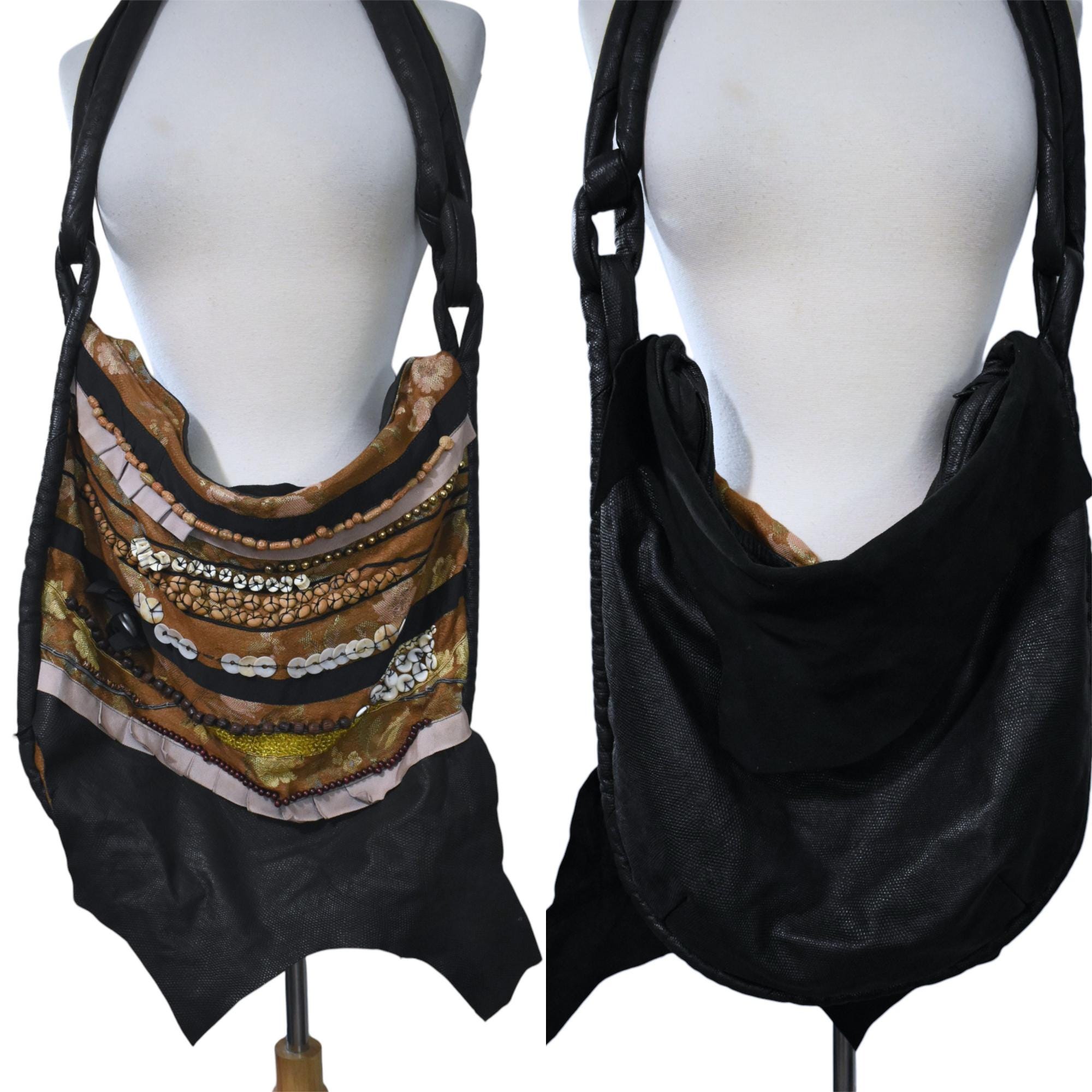 Vintage 80s Purse Kerman Lachapelle Made in Canada Avant Garde Leather Tapestry Wood Bead Embellished Hobo Bag