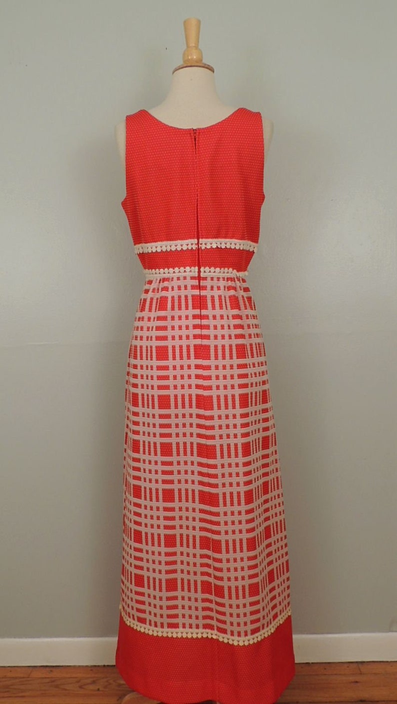 Vintage 60s Dress Gay Gibson Red White Polka Dot Plaid Daisy Lace Stepford Wives Hostess Maxi Gown