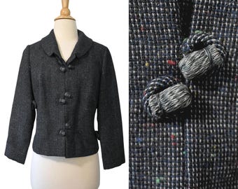Vintage 50s Blazer Mid Century Bespoke Steel Gray Speckled Wool Tweed Tassel Mould Buttons Lined 4 Way Convertible Yoke Collar Jacket