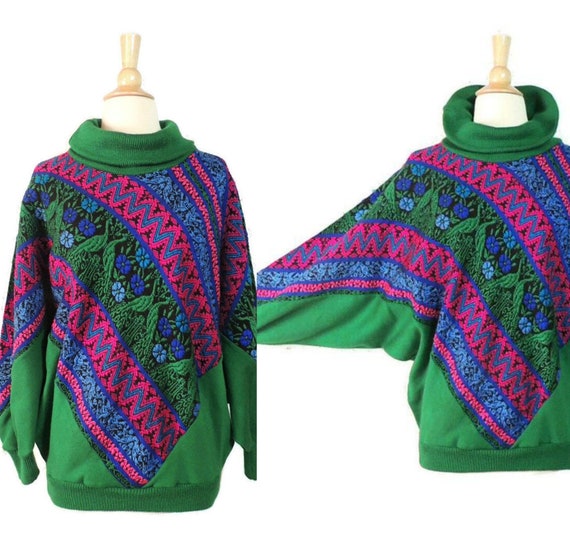 Vintage 80s Sweater / Apple Green Novelty Embroide
