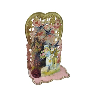 Tarjeta de San Valentín antigua, alemana, victoriana, década de 1900, recortada, pareja de pájaros, papel crepé plegable, 3D, relieve dorado, papel de tarjeta de papel muerto, efímera