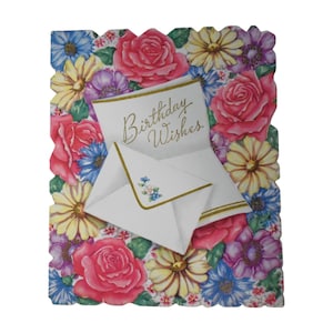 Vintage 50er Jahre Karte Wallace Brown Deadstock Neuheit rosa Rosen gelbe Gänseblümchen Blumen geprägte Sägezahnkante Geburtstagswünsche Gruß