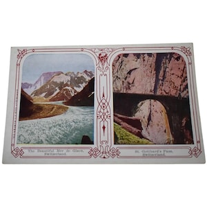 Antieke jaren 1900 ansichtkaart 1909 Titanic Edwardian Era toeristische souvenir Zwitserland handgekleurde Mer de Glace St. Gotthards Pass fotokaart