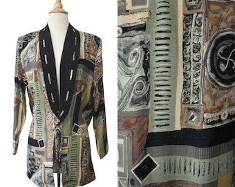 Vintage jaren 80 blazer melrose abstract barok architectonisch mozaïek stropdas voorkant geweven revers los losvallend jasje