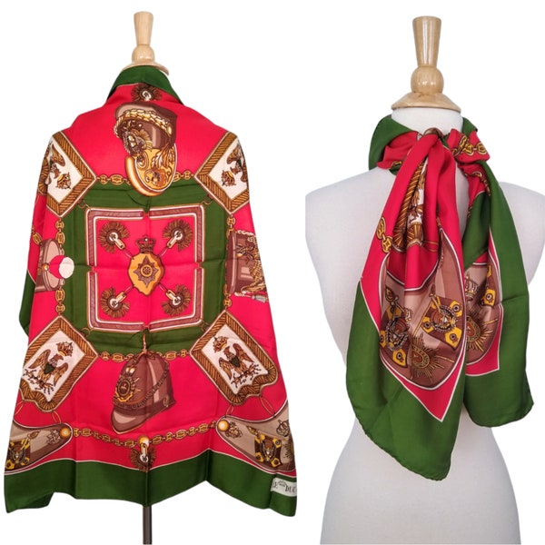Vintage 70s Scarf Le Duc Paris Silk Olive Red Regal Medals Pickelhaube Helmet Large Hand Rolled Square Shawl 34 x 34 inches
