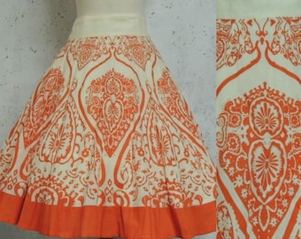 Vintage 90s Skirt / does 50s Ethnic Tattoo Mehndi Henna Pattern Orange Cream Fit n Flare Swing Cotton M