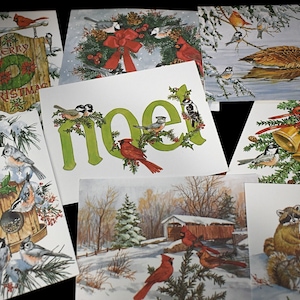 Cartoline di Natale vintage Deadstock anni '80 Barbara Goss Snowy Country Uccelli Animali Ponte coperto Biglietto di auguri nostalgico Busta Lotto 8 pezzi