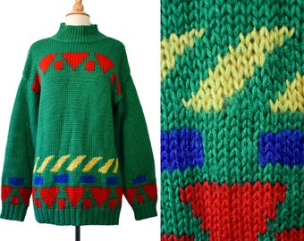 Vintage 80s Sweater Encore Hand Knit Postmodern Grass Green Red Blue Yellow Abstract Chunky Tunic Jumper