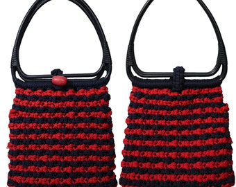 Vintage 60s Purse 70s Dark Blue Cherry Red Macrame Crochet Double Blue Plastic Bangle Ring Handle Tote Bag 11 x 11in