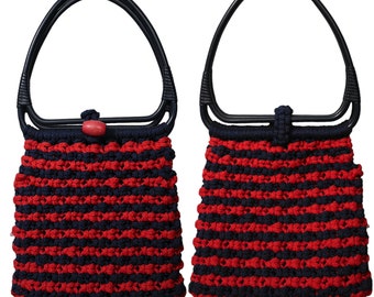 Vintage 60s Purse 70s Navy Blue Cherry Red Hippie Macrame Crochet Double Blue Plastic Bangle Ring Handle Tote Bag