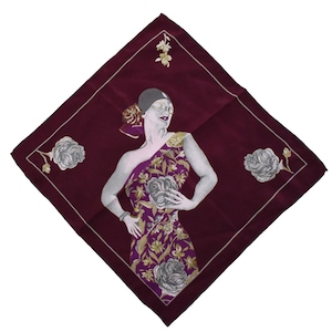 Vintage 50s Hankie RARE Italian Hand Made Bordeaux Crimson Art Deco 20s Flapper Woman Square Neckerchief Scarf 12 x 11in