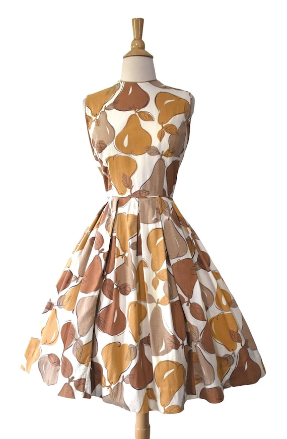 Vintage 50s Dress Novelty Autumnal Pear Fruit Print Cotton