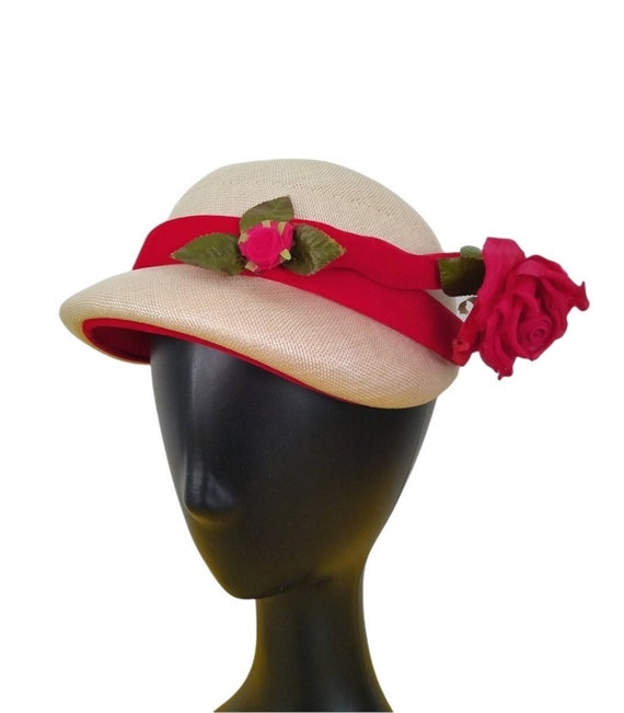 Vintage Cream Colored Hat with Red Ribbin Vintage 1950 main image 3