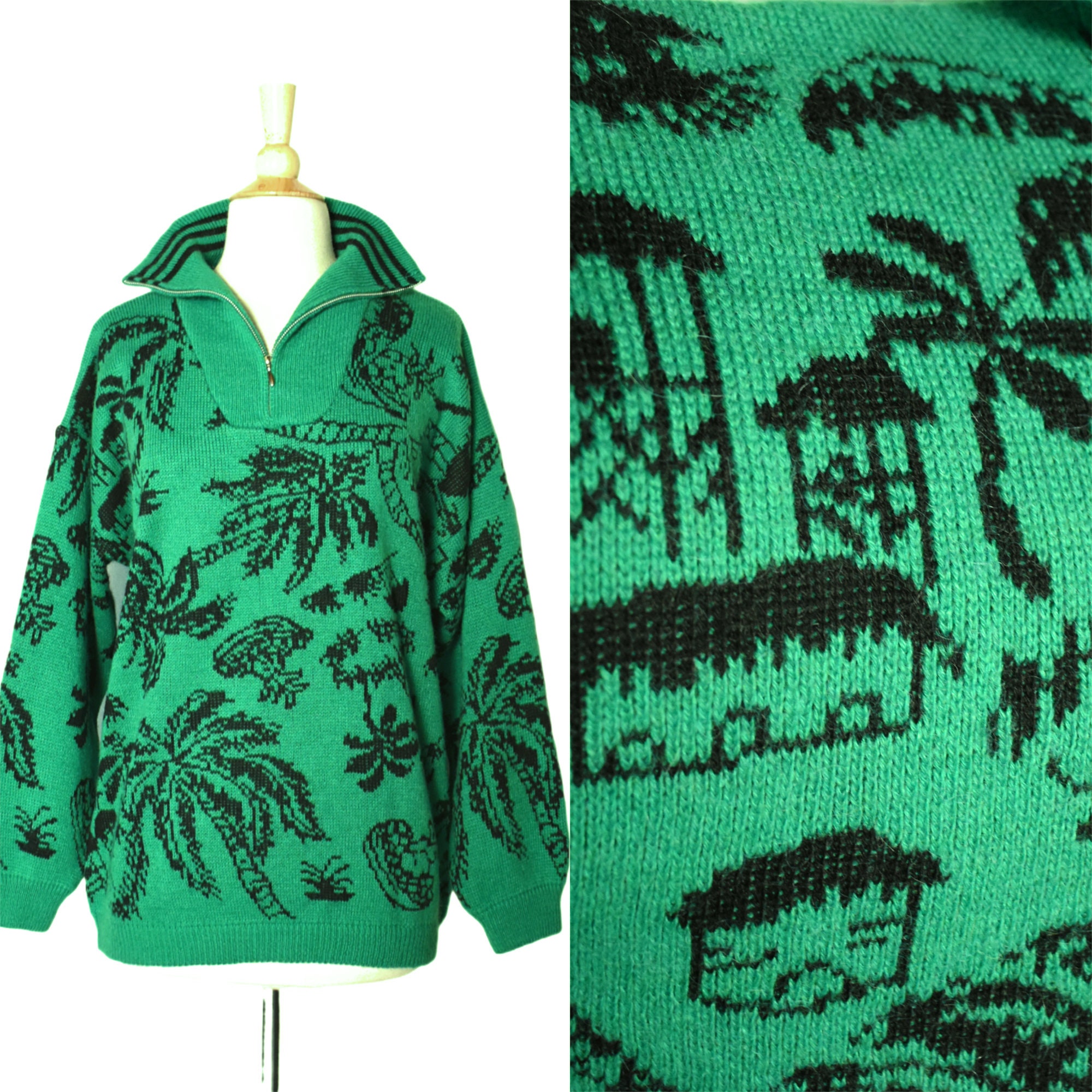 Vintage 80s Sweater Esprit Sport Postmodern Wool Blend Green Black