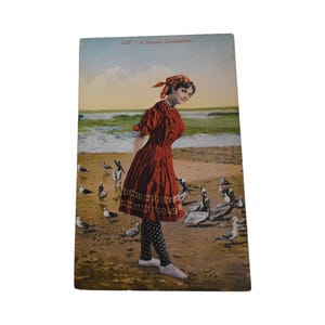Antike Postkarte 1900er Jahre Titanic Ära Neuheit Strandfrau Badeanzug Hand getöntes Foto Vergoldeter Rand Deadstock Lithographie-Papier Karte Ephemera