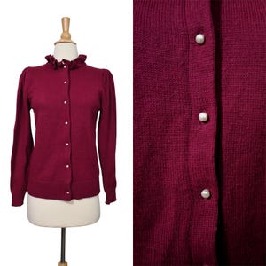 70s Cardigan Western Connection Victorian Cottagecore Mulberry Ruffled Neck Puffed Sleeve Button Jumper Sweater
