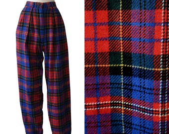 Vintage 80er Jahre Hose Ashley Brooke Academia Rot Tartan Karo Wolle Hohe Taille Preppy Bündchen Freizeithose