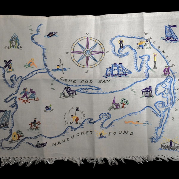 Vintage Map Cape Cod Islands Nantucket Sound Novelty Embroidered Clipper Ship Lighthouse Compass Rose Cloth Wall Hanging Table Topper 16x12