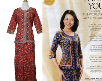 Vintage 90s Top Singapore Airlines Red Rainbow Floral Batik Block Print Moroccan Bohemian Cotton Uniform Leisurewear Maxi Skirt Suit Set
