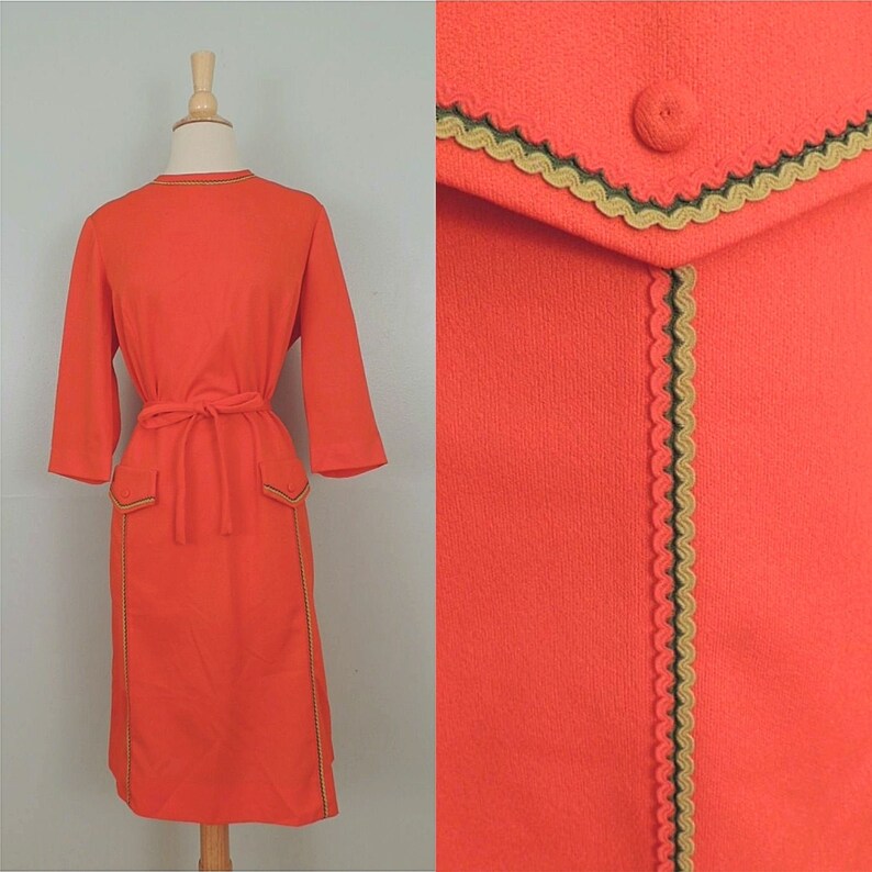 Vintage 60s Dress Nelly Don MOD Coral Orange Double Knit Mustard Olive Ribbon Trim Belted Shift XL