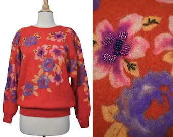 Vintage 80s Sweater Mariea Kim Angora Wool Blend Persimmon Watercolor Floral Beaded Soft Romantic Fuzzy Jumper