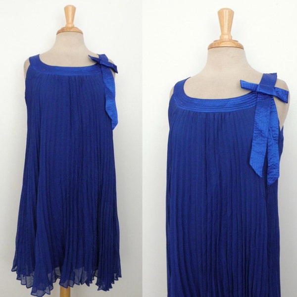 HOLD 4 DEANNA Vintage does 60s Robbie Bee Cobalt Chiffon GoGo Flapper Accordion Pleated Swing Trapeze Mini Dress