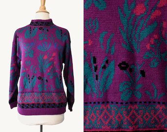 Jersey vintage de los 80 Nichelle, holgado, de corte amplio, color frambuesa, turquesa y rosa fucsia, con estampado floral abstracto nórdico.