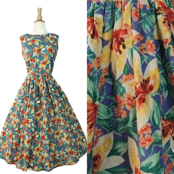 Vintage 80s Dress / 50s Style Hawaiian Floral Lily