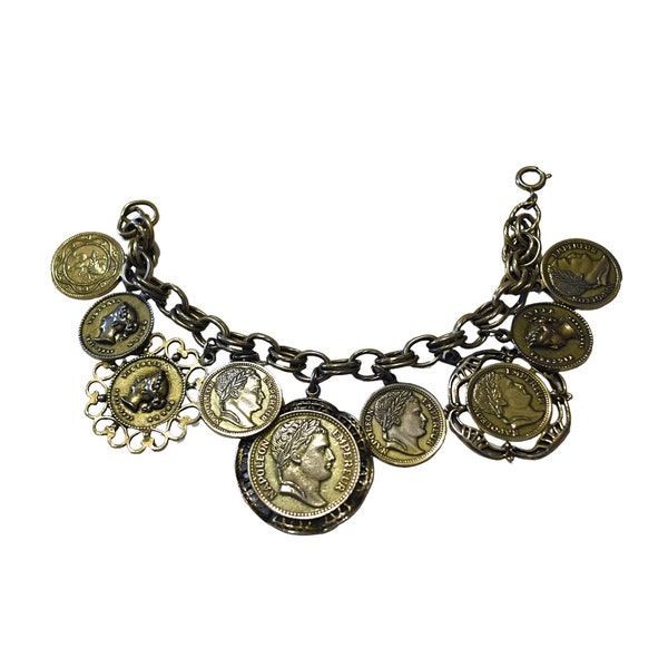 Vintage Charm Bracelet Novelty 60s 70s Roman Napoleon Faux Coin Currency Dangle Charms Chain