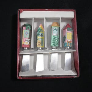 Untadores vintage de los 90, stock antiguo, comida de la selva amazónica, cabañas de Java, Miami, mantequilla tropical, aperitivos, entremeses, juego de cuchillos de 4 piezas