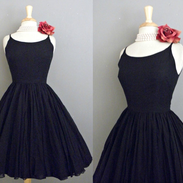 48hr SALE Vintage 50s Black Chiffon Fit n Flare Swing Cotillion Cocktail Party Evening Gown Full Skirt Dress