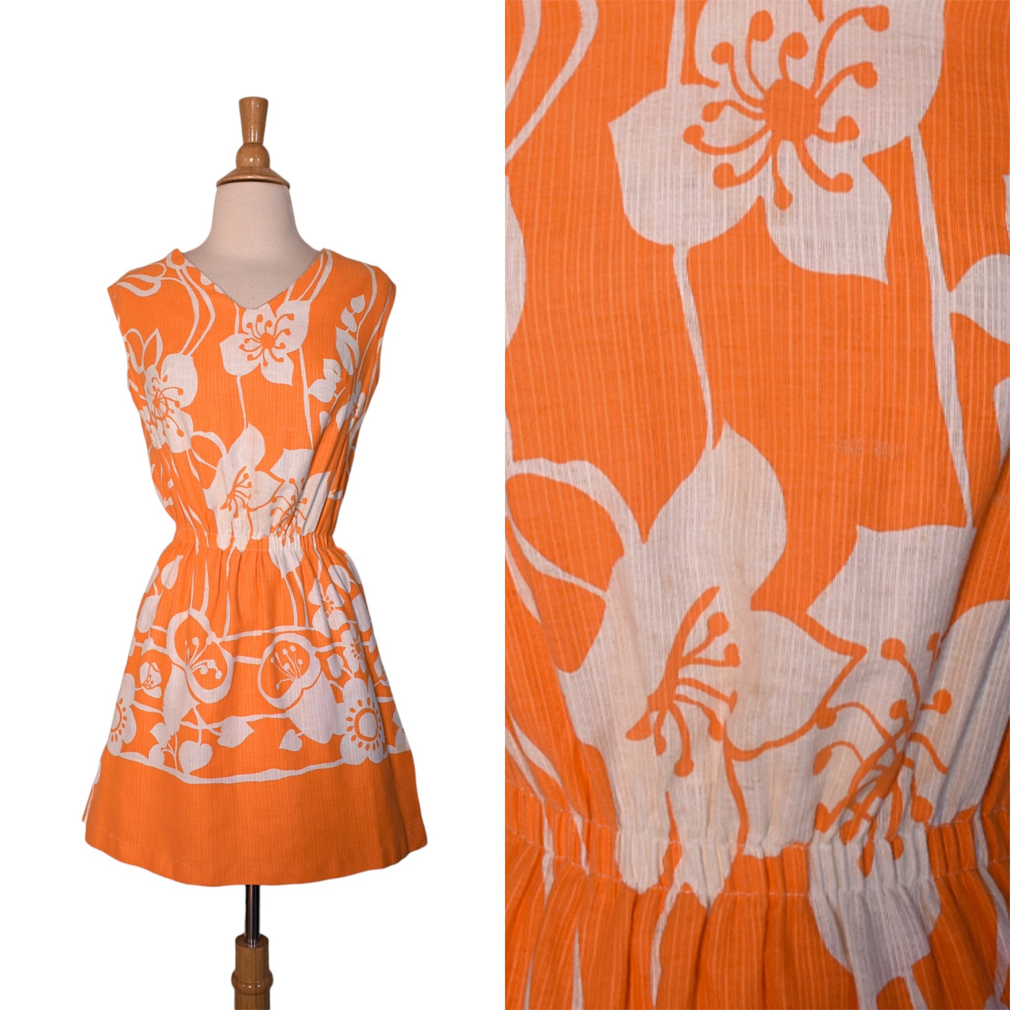 Vintage 60s Playsuit Smart Time Hawaiian Tangerine Orange Cream MOD Flower Power Cotton Tunic Shorts 2pc Set AS IS