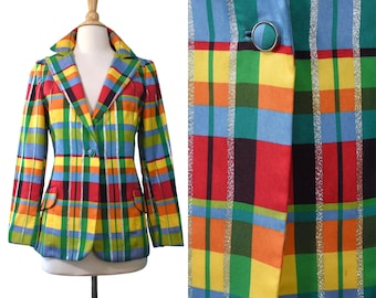 Blazer vintage des années 70 Suburban Fashions Preppy Academia arc-en-ciel argent Lurex Tartan Plaid Boxy Boyfriend Jacket