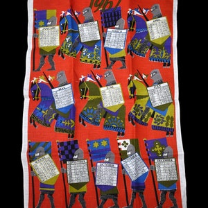 Vintage Tea Towel 60s 1967 Ulster MOD Calendar Fighting Knights Horses Irish Linen Kitschy Kitchen Dishcloth Wall Hanging Tapestry 29 x 20