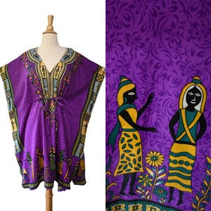 Vintage 90s Caftan Karina Novelty African Tribal Women Warriors Purple Gypsy Cocoon Batwing Tunic Mini Dress Swimsuit Cover