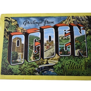 Carte postale vintage des années 40 Ogden, Utah, accordéon touristique, dépliant 18 photos, sites de l'église mormone Bryce Cannon, cadavres d'animaux, papier éphémères