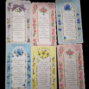 Coleção de cartões vintage dos anos 50 com flores em tons pastéis, cartões de aniversário e melhoras, marcadores de página recortados, sem envelopes, 6 peças