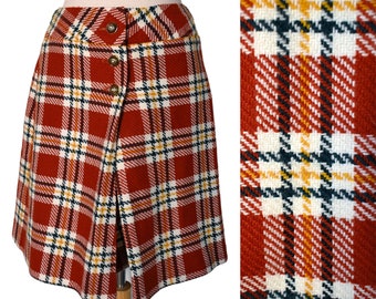 Vintage 70s Skirt Academia Autumn Nutmeg Orange Fir Green Saffron Yellow Plaid Skorts Shorts